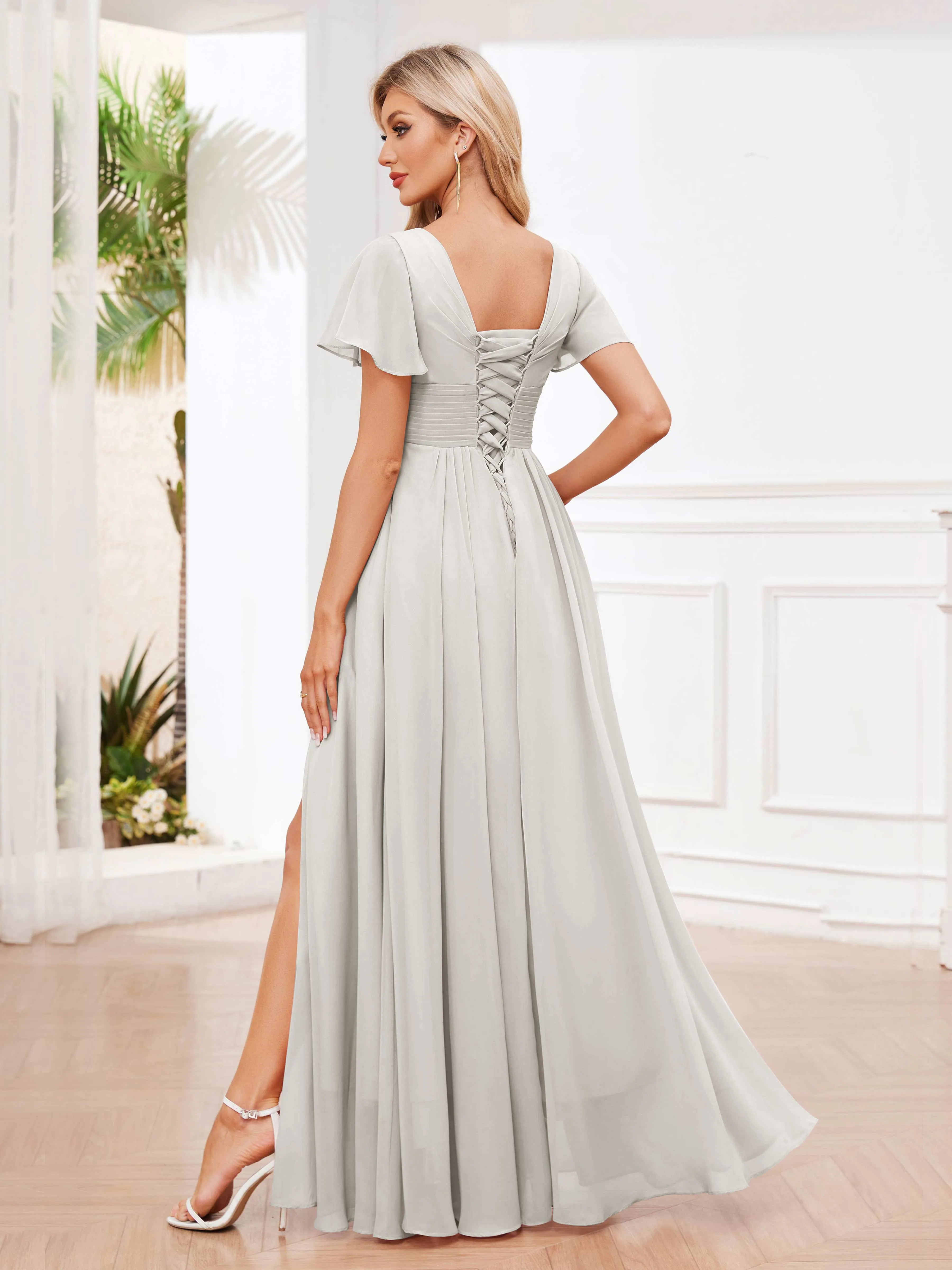 Calliope Graceful V Neck Ruched Floor Length Chiffon Bridesmaid Dresses