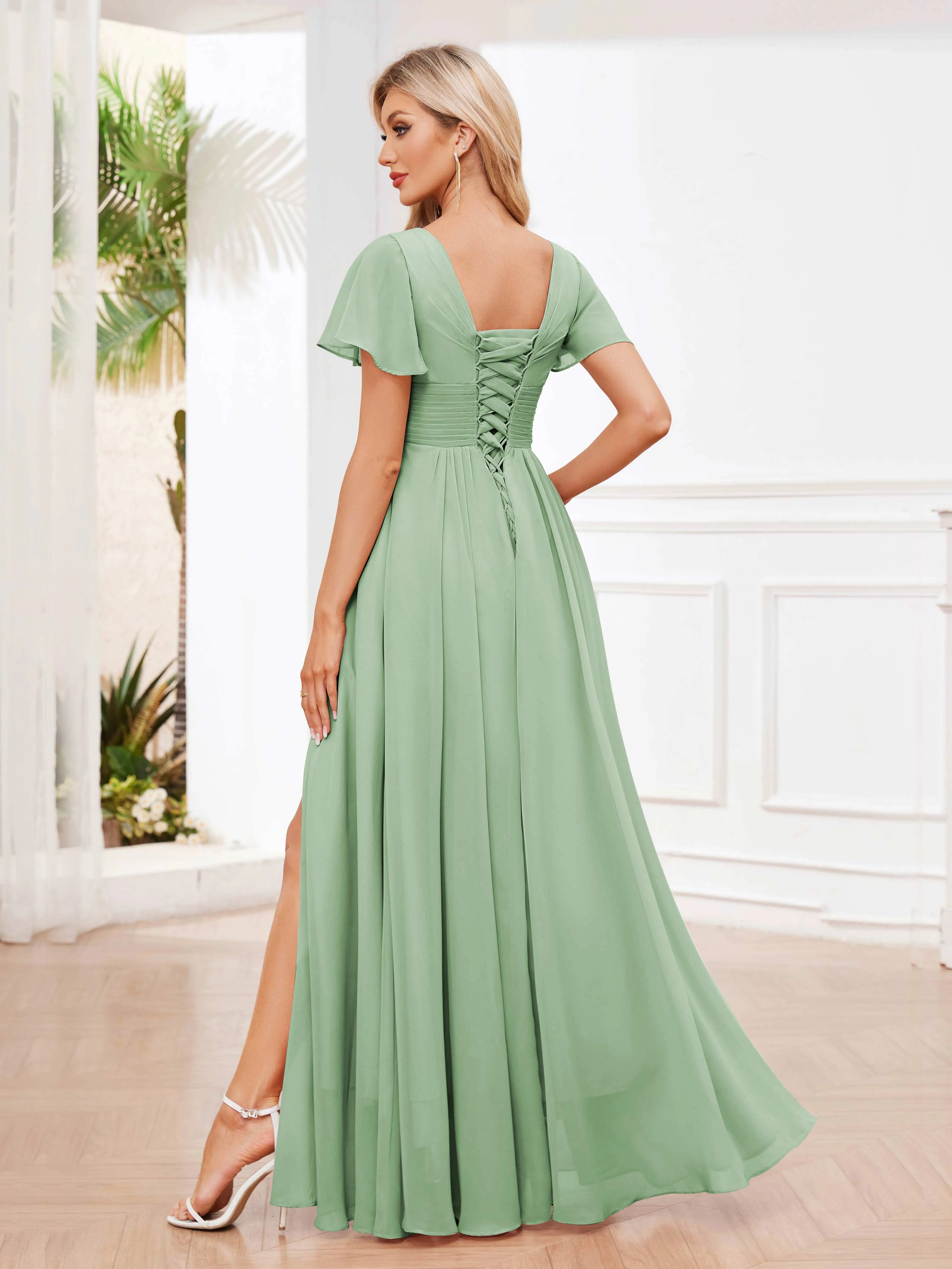 Calliope Graceful V Neck Ruched Floor Length Chiffon Bridesmaid Dresses