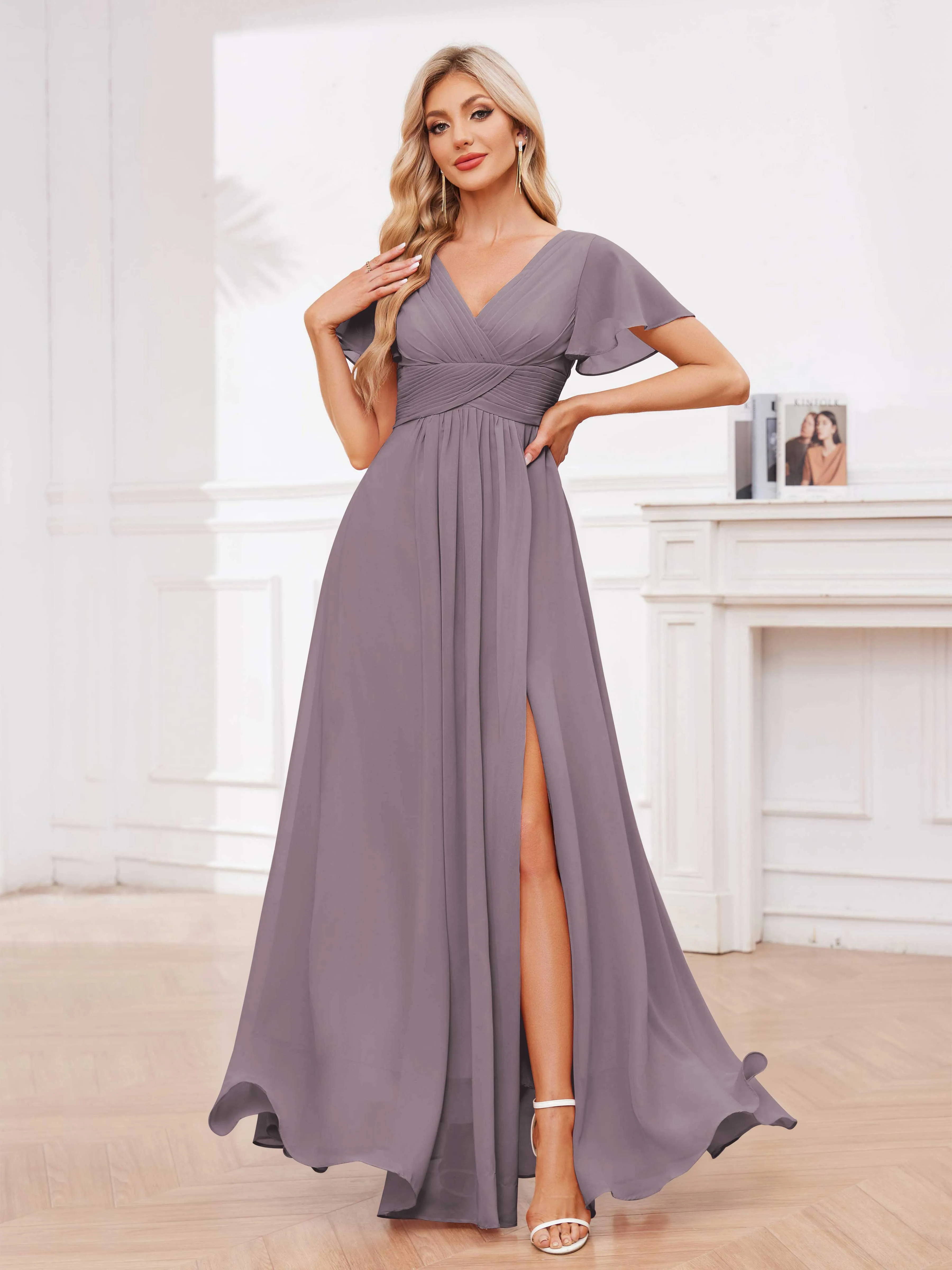 Calliope Graceful V Neck Ruched Floor Length Chiffon Bridesmaid Dresses