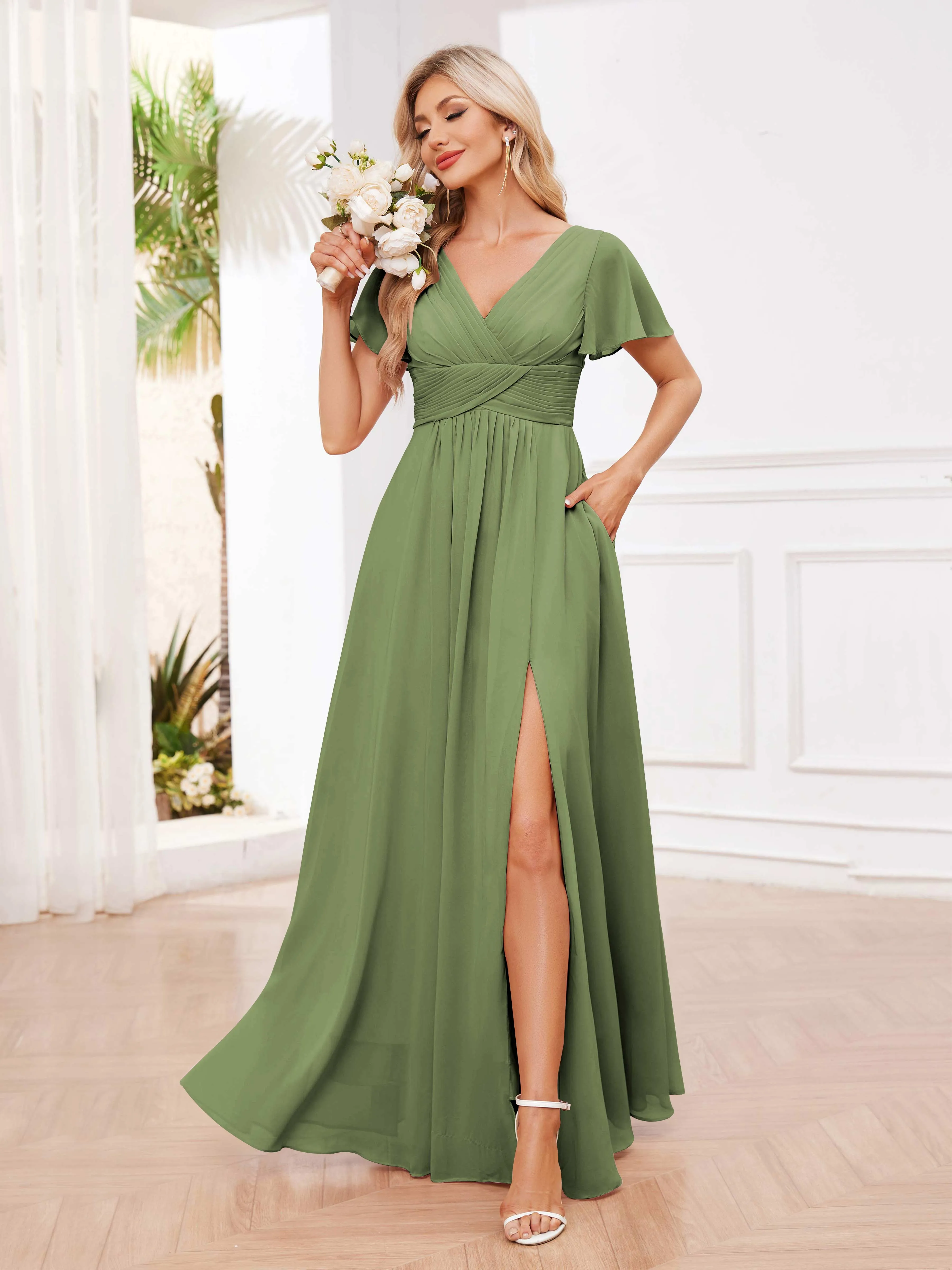 Calliope Graceful V Neck Ruched Floor Length Chiffon Bridesmaid Dresses