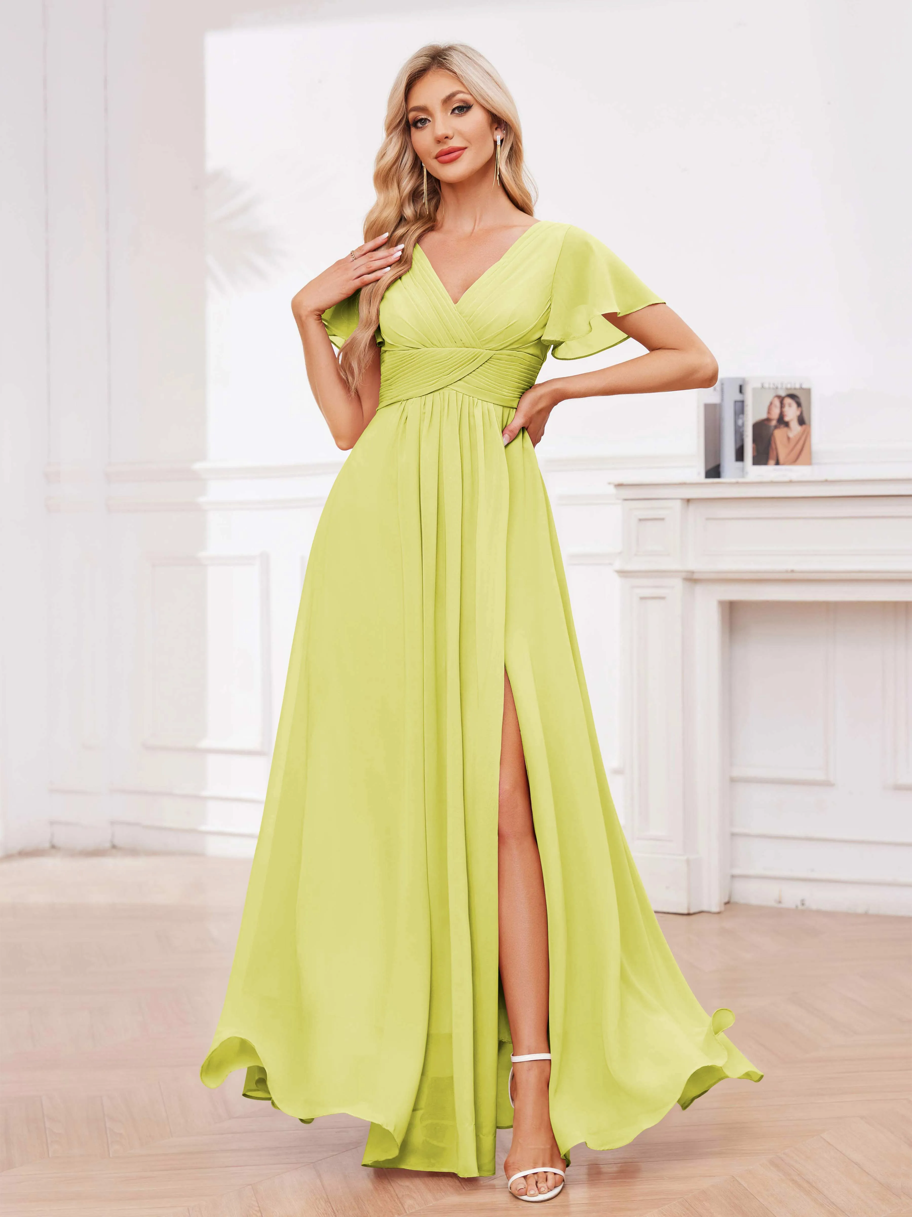 Calliope Graceful V Neck Ruched Floor Length Chiffon Bridesmaid Dresses