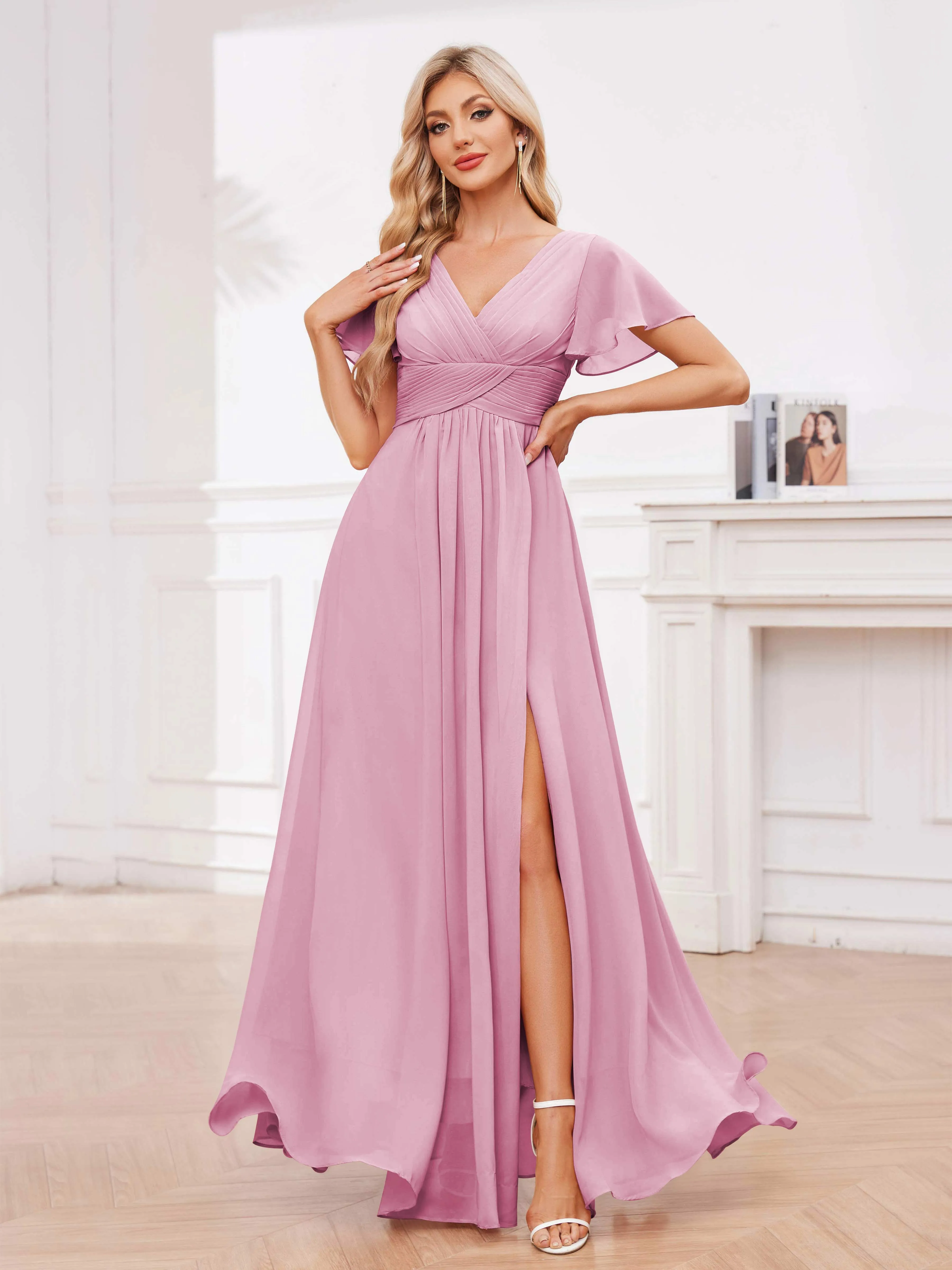 Calliope Graceful V Neck Ruched Floor Length Chiffon Bridesmaid Dresses
