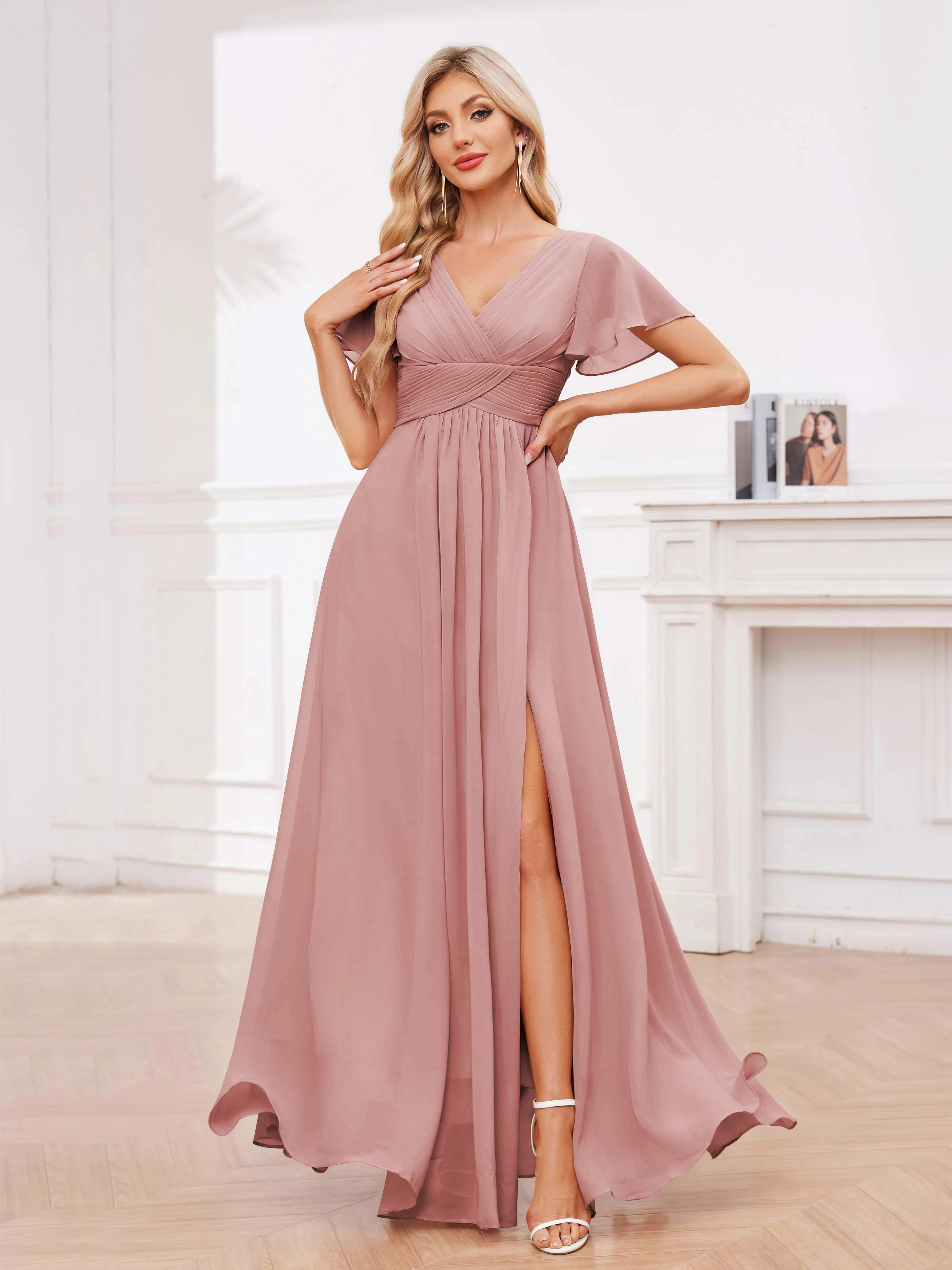 Calliope Graceful V Neck Ruched Floor Length Chiffon Bridesmaid Dresses