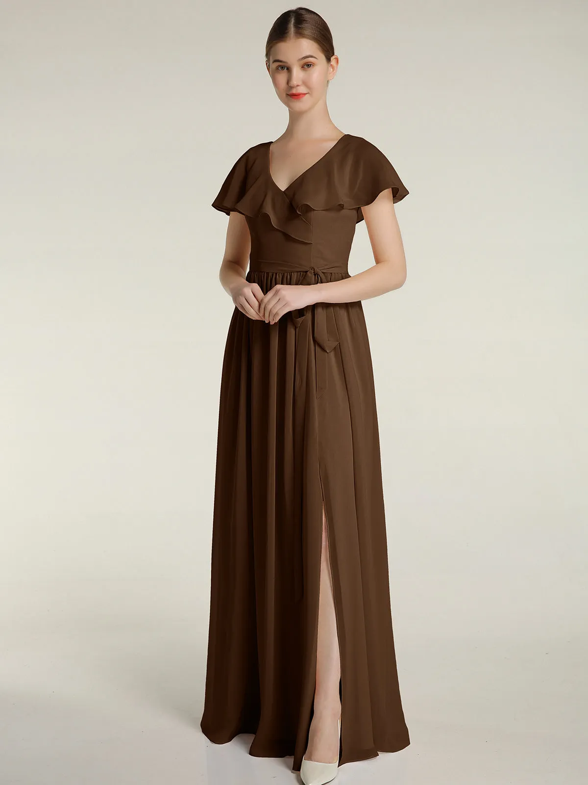 Cap Sleeves Long Chiffon Dresses with Slit-Brown