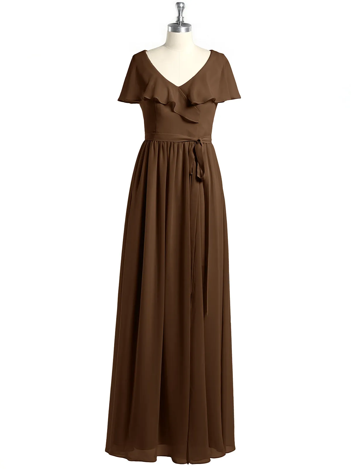Cap Sleeves Long Chiffon Dresses with Slit-Brown