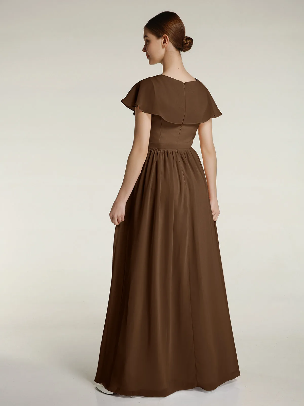 Cap Sleeves Long Chiffon Dresses with Slit-Brown