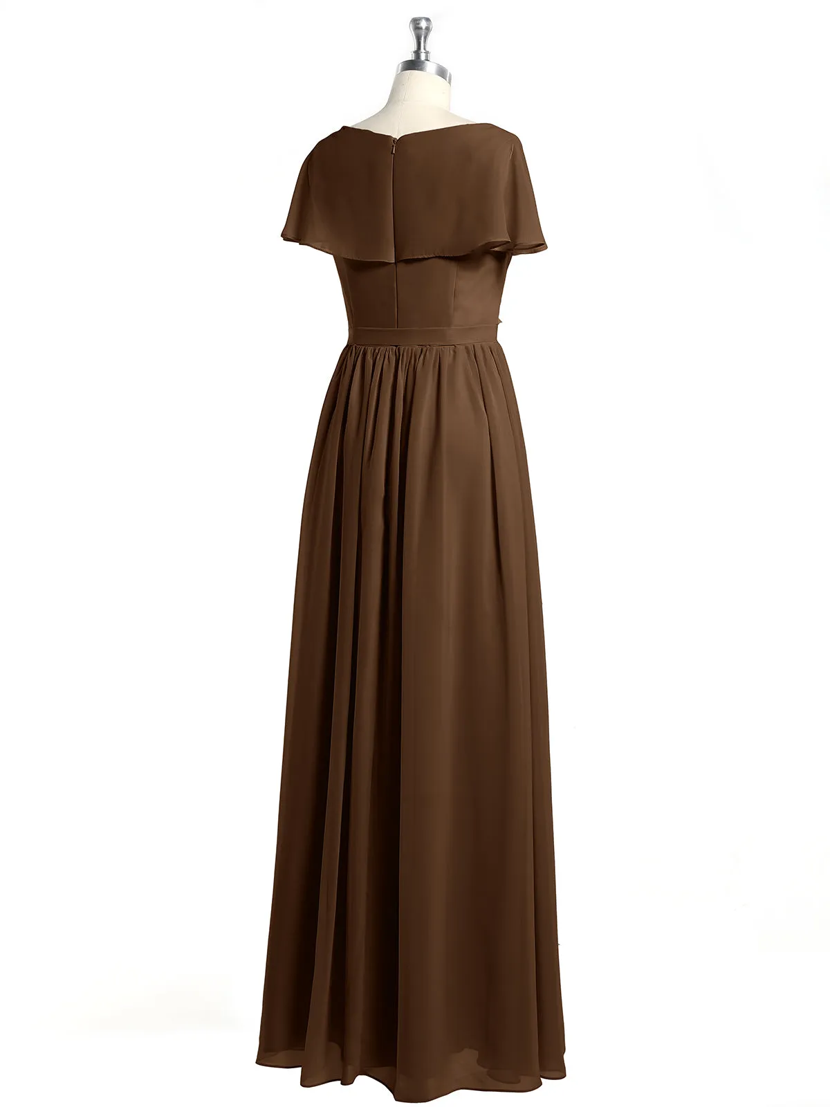 Cap Sleeves Long Chiffon Dresses with Slit-Brown