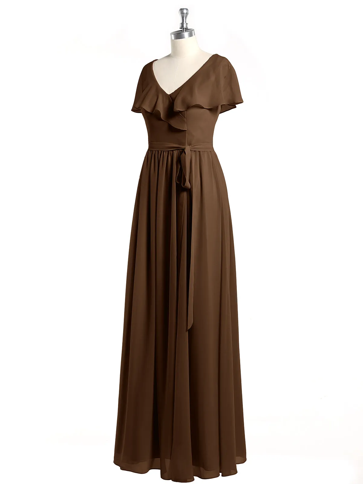 Cap Sleeves Long Chiffon Dresses with Slit-Brown