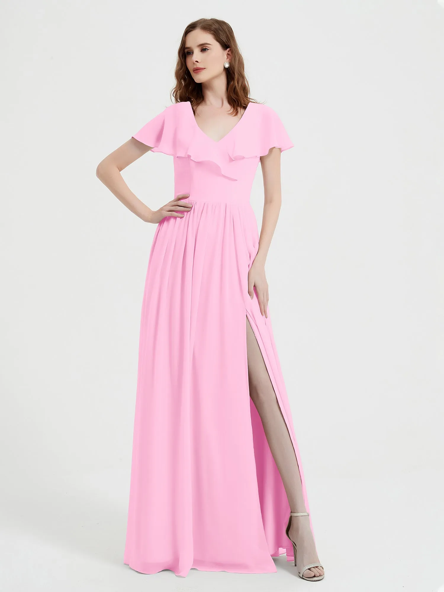 Cap Sleeves Long Chiffon Dresses with Slit-Candy Pink Plus Size