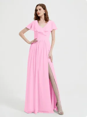 Cap Sleeves Long Chiffon Dresses with Slit-Candy Pink Plus Size