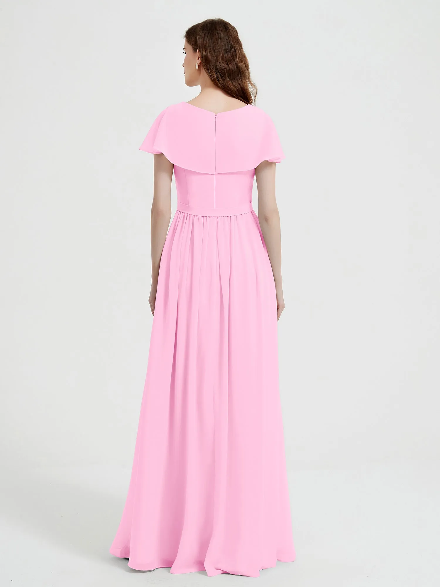 Cap Sleeves Long Chiffon Dresses with Slit-Candy Pink Plus Size