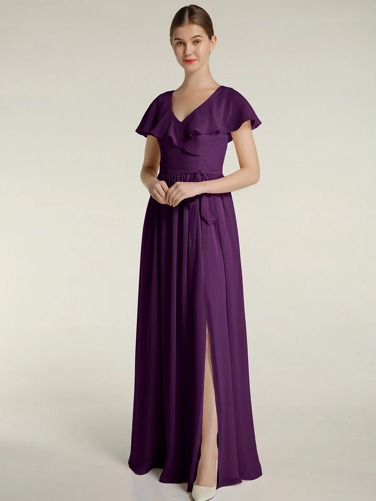 Cap Sleeves Long Chiffon Dresses with Slit-Grape