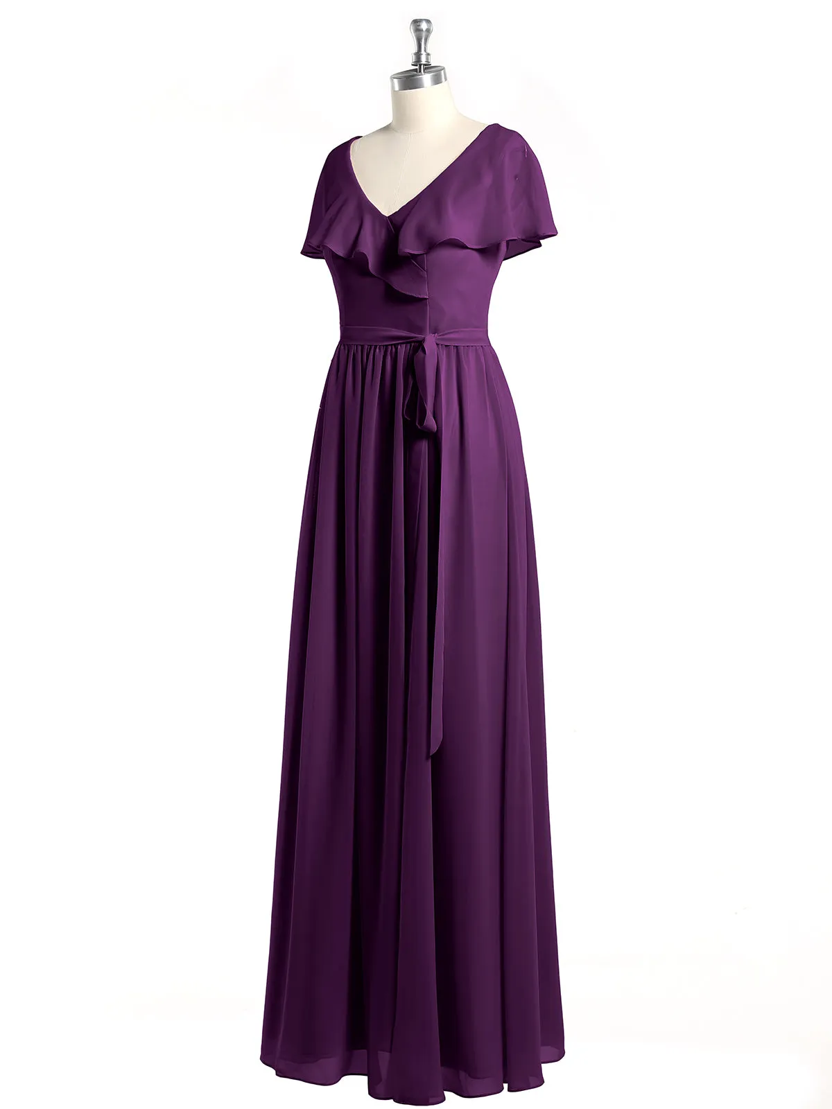 Cap Sleeves Long Chiffon Dresses with Slit-Grape