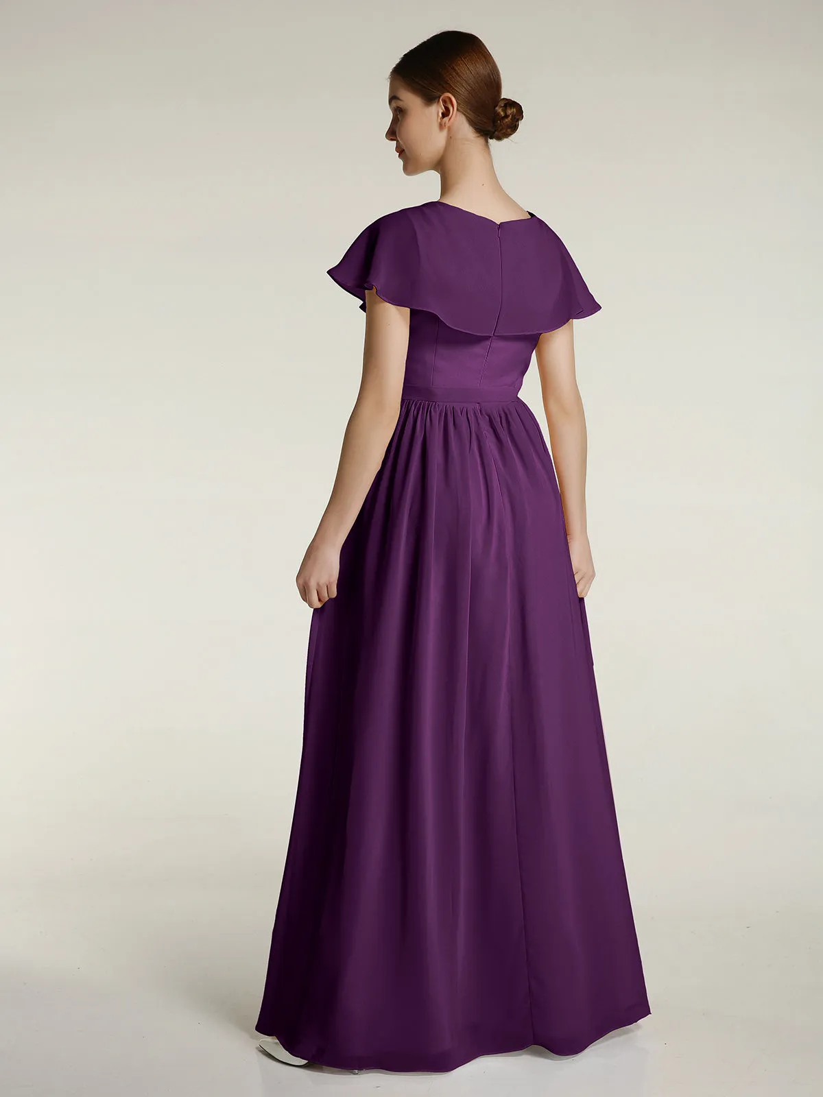 Cap Sleeves Long Chiffon Dresses with Slit-Grape