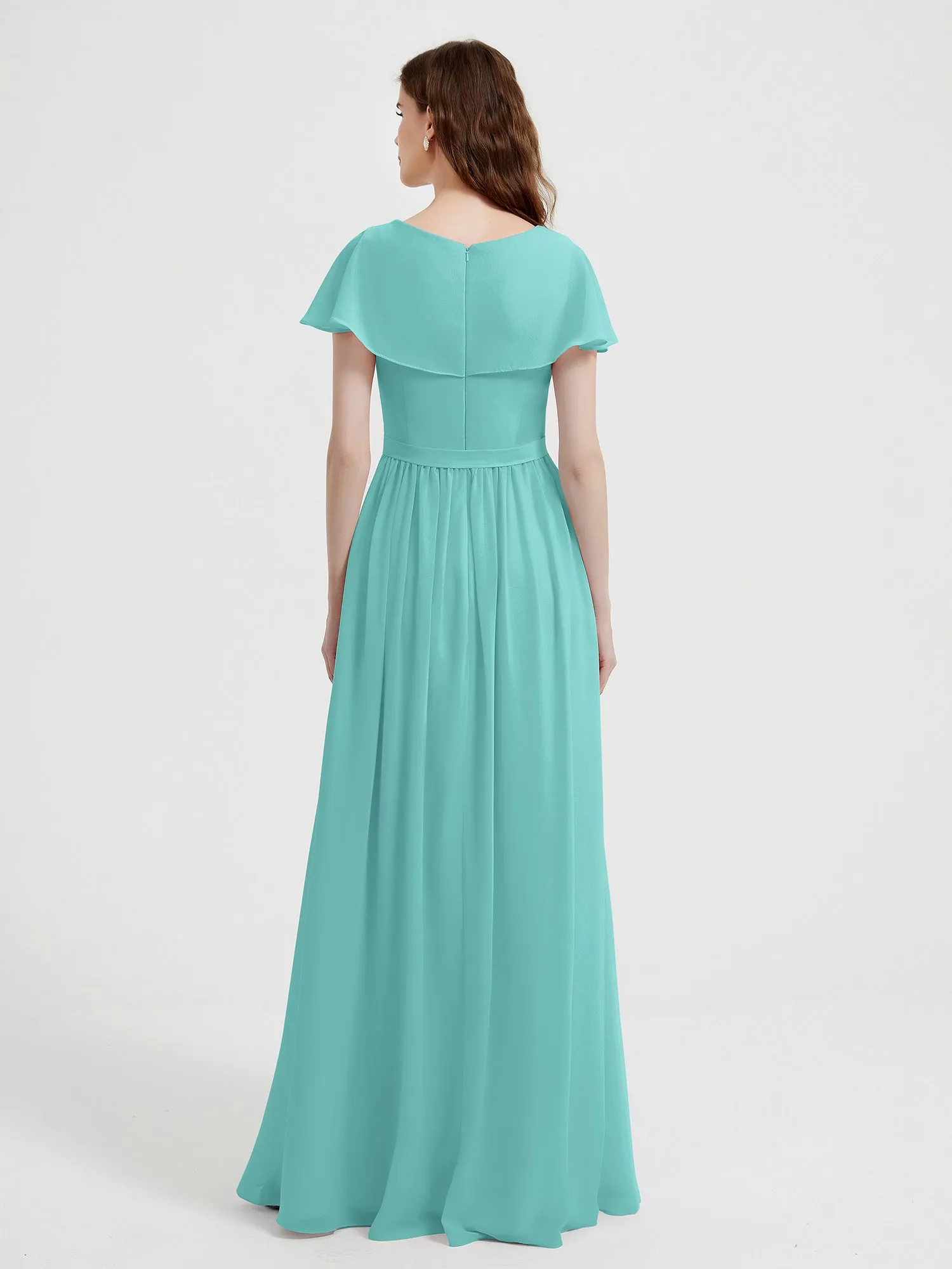 Cap Sleeves Long Chiffon Dresses with Slit-Spa Plus Size