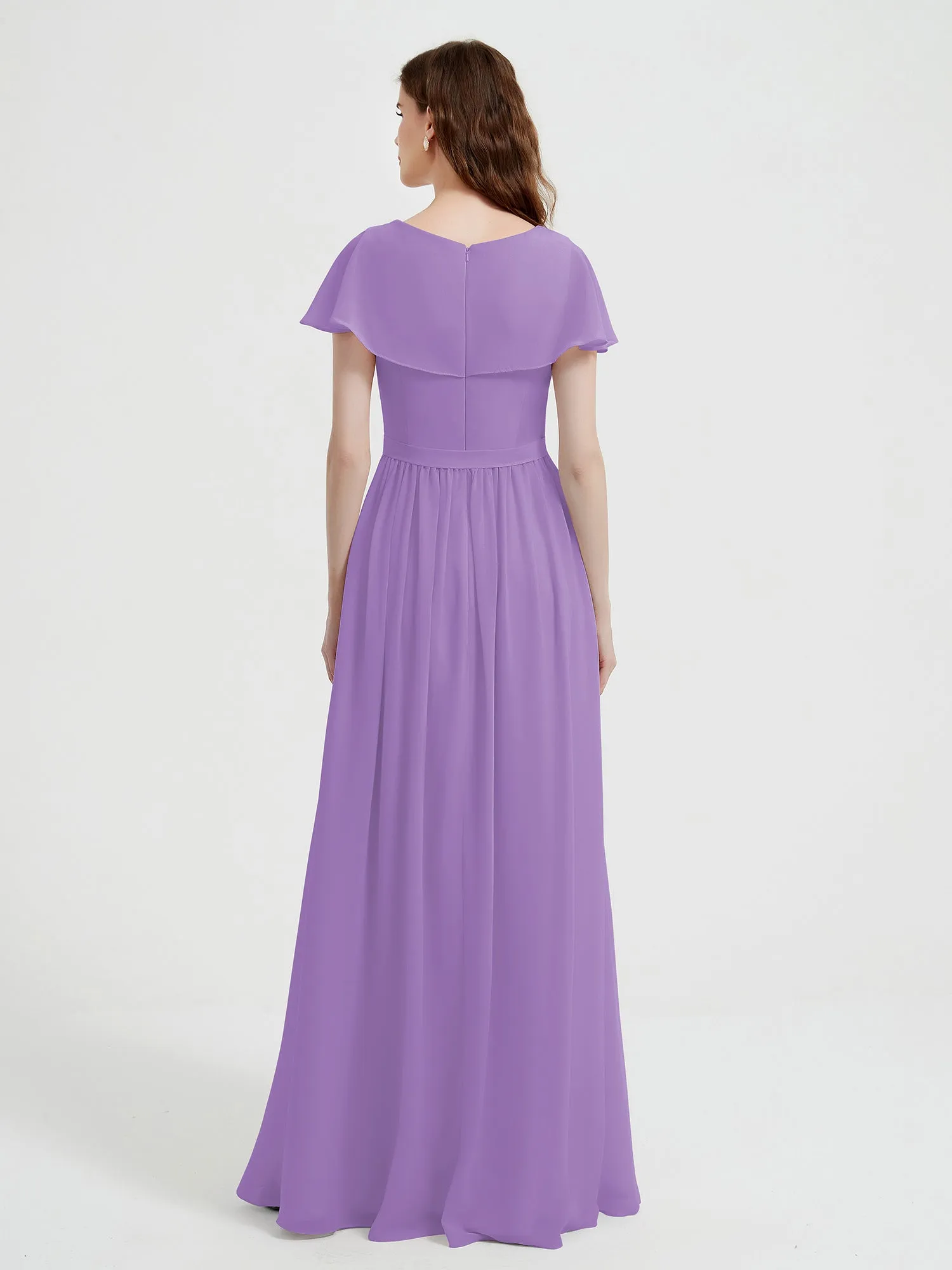 Cap Sleeves Long Chiffon Dresses with Slit-Tahiti Plus Size