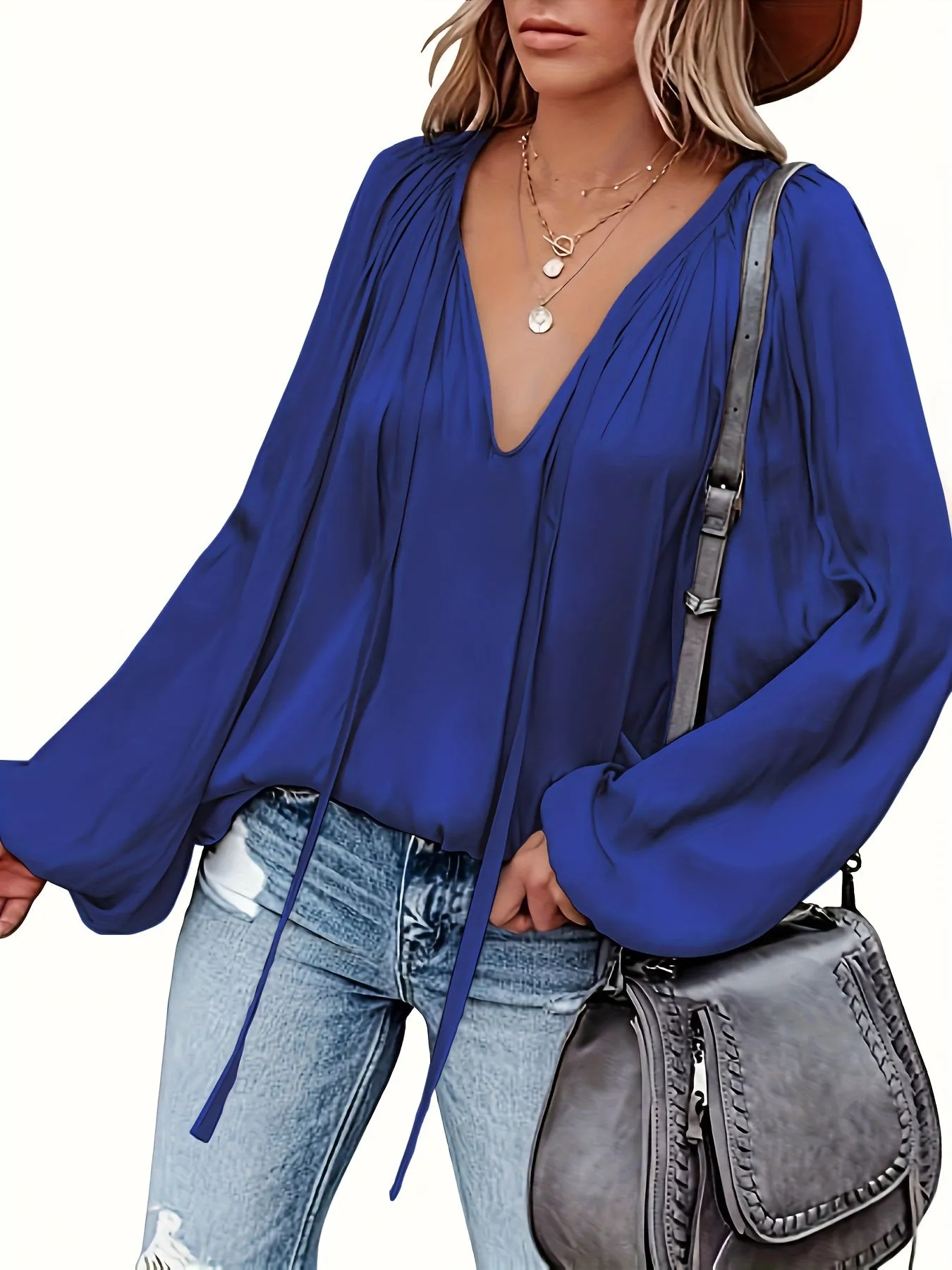 Chic Spring  Fall Blouse Solid Tie Neck Casual Long Sleeve