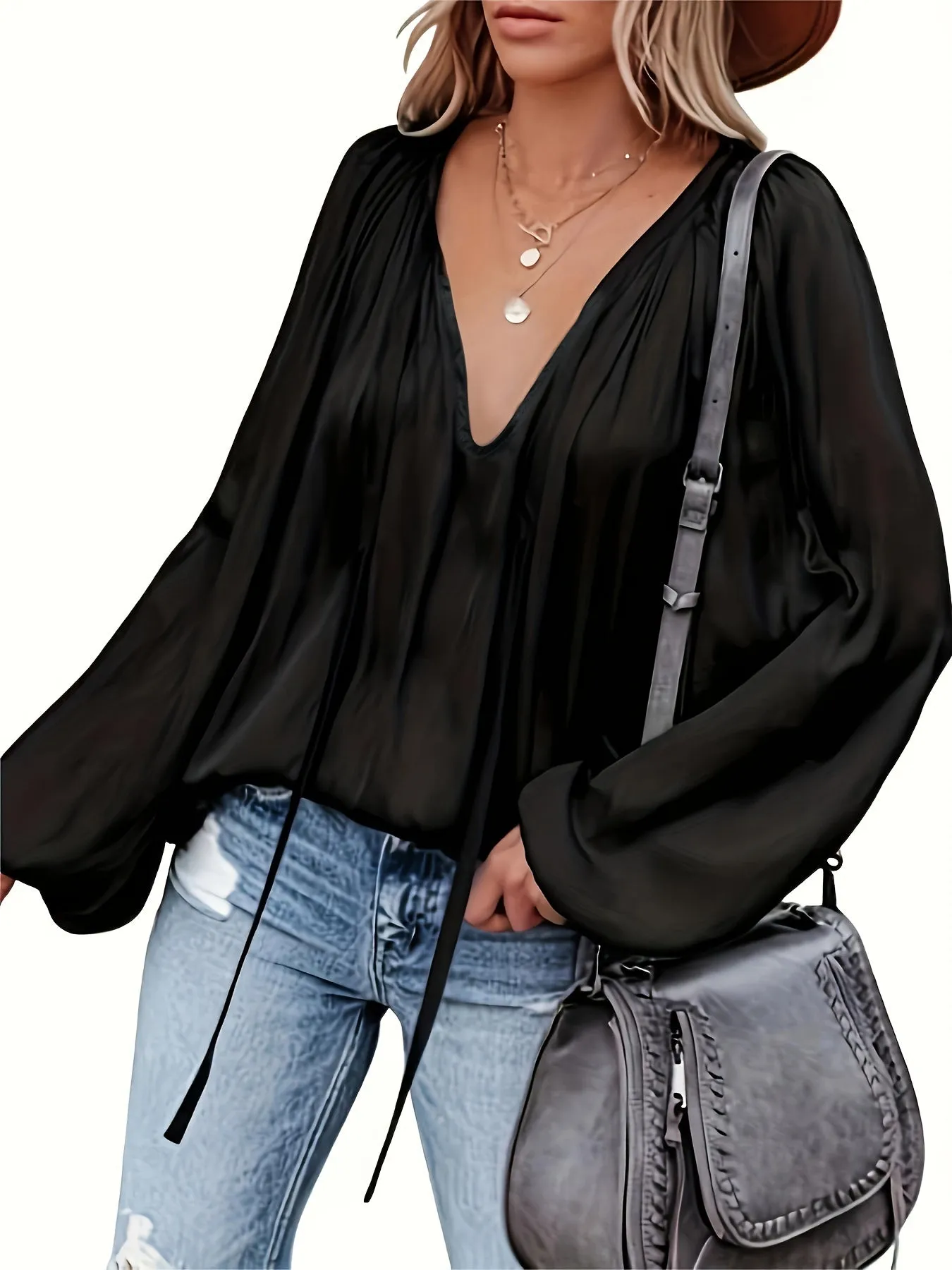 Chic Spring  Fall Blouse Solid Tie Neck Casual Long Sleeve