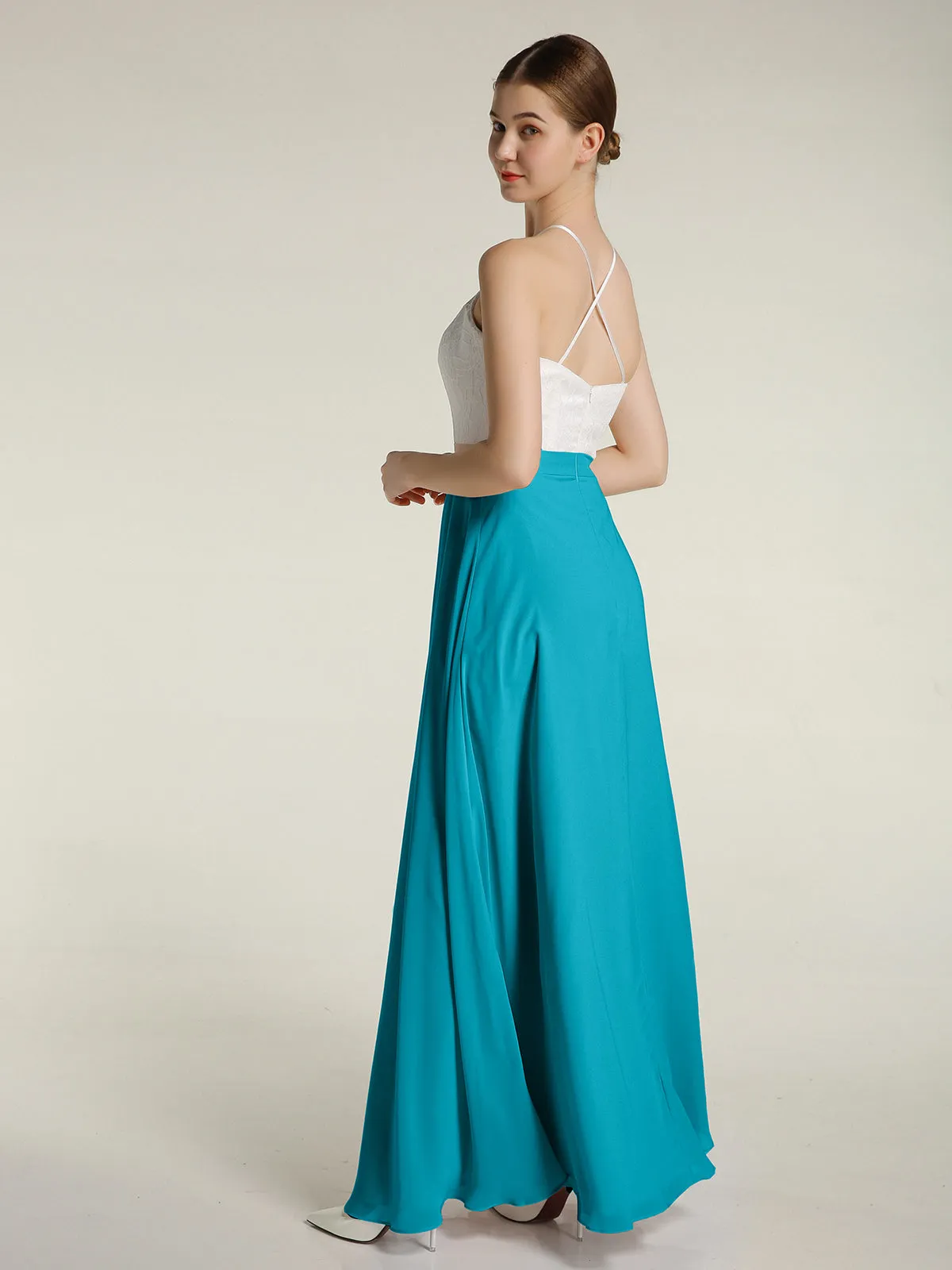 Chiffon Long Dresses with Ivory Lace Bodice-Jade Plus Size