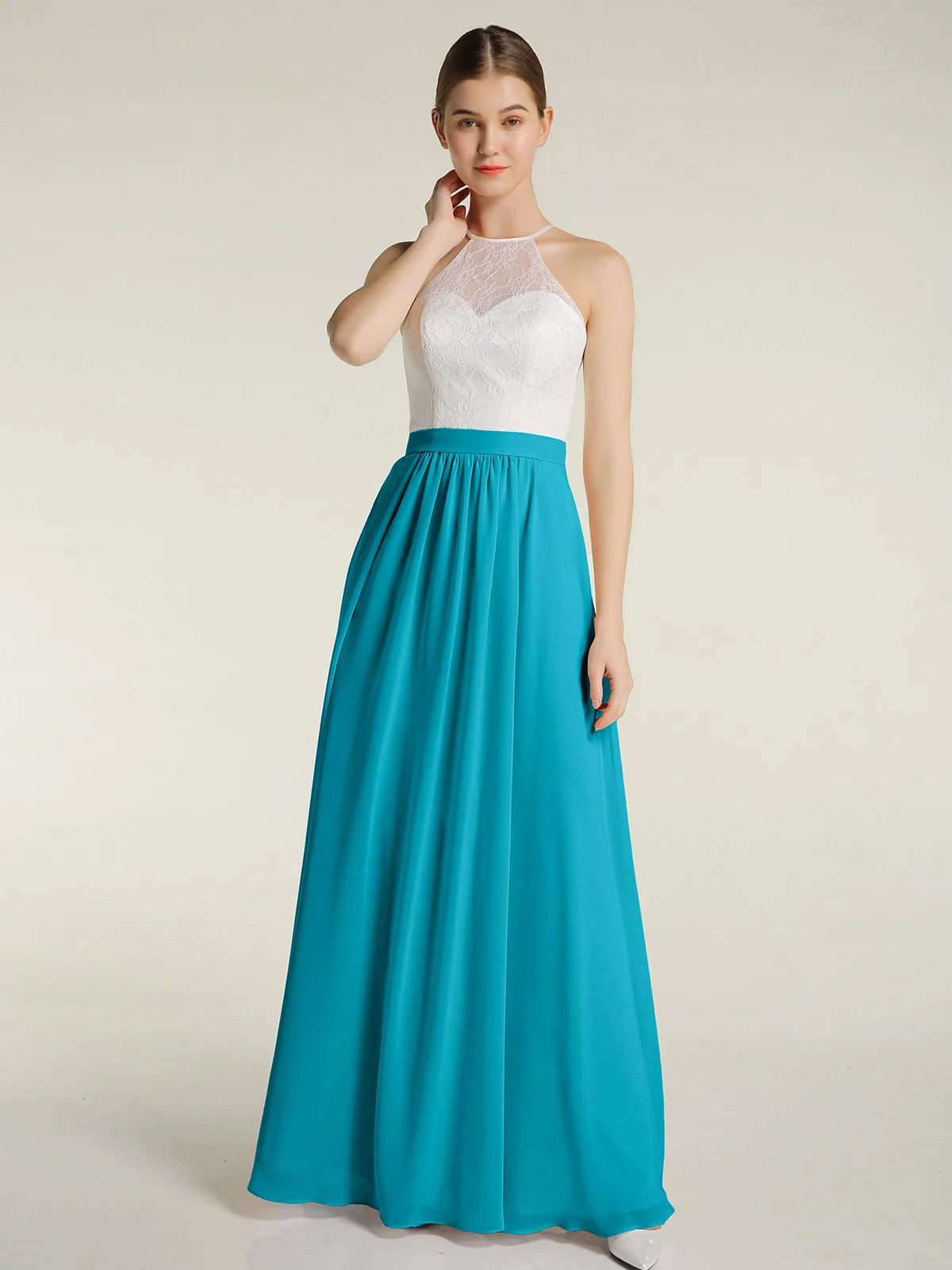 Chiffon Long Dresses with Ivory Lace Bodice-Jade Plus Size