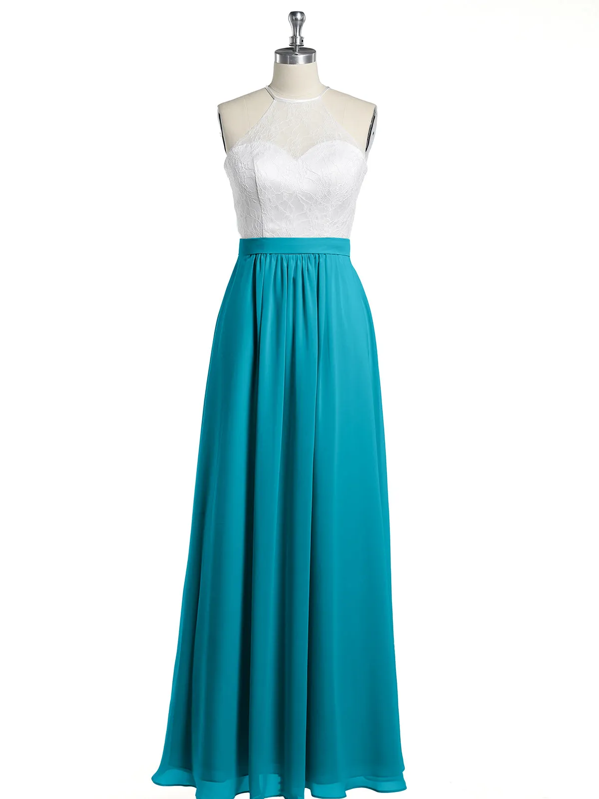 Chiffon Long Dresses with Ivory Lace Bodice-Jade Plus Size