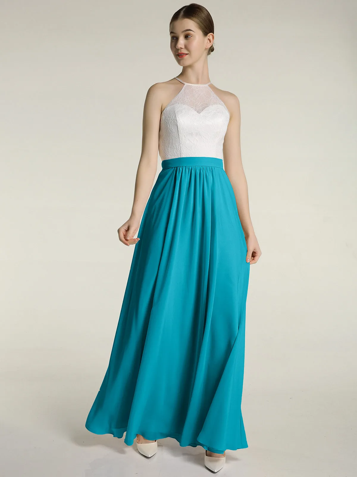 Chiffon Long Dresses with Ivory Lace Bodice-Jade Plus Size