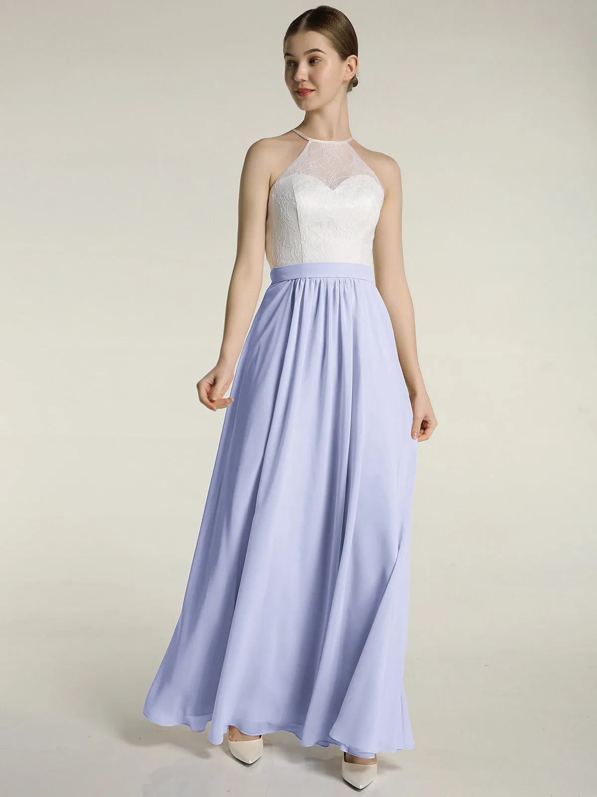 Chiffon Long Dresses with Ivory Lace Bodice-Lavender Plus Size