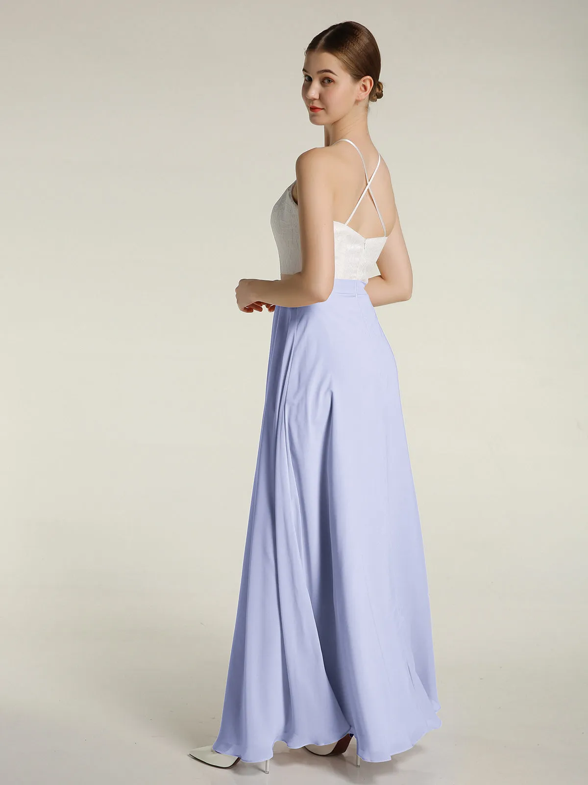 Chiffon Long Dresses with Ivory Lace Bodice-Lavender Plus Size