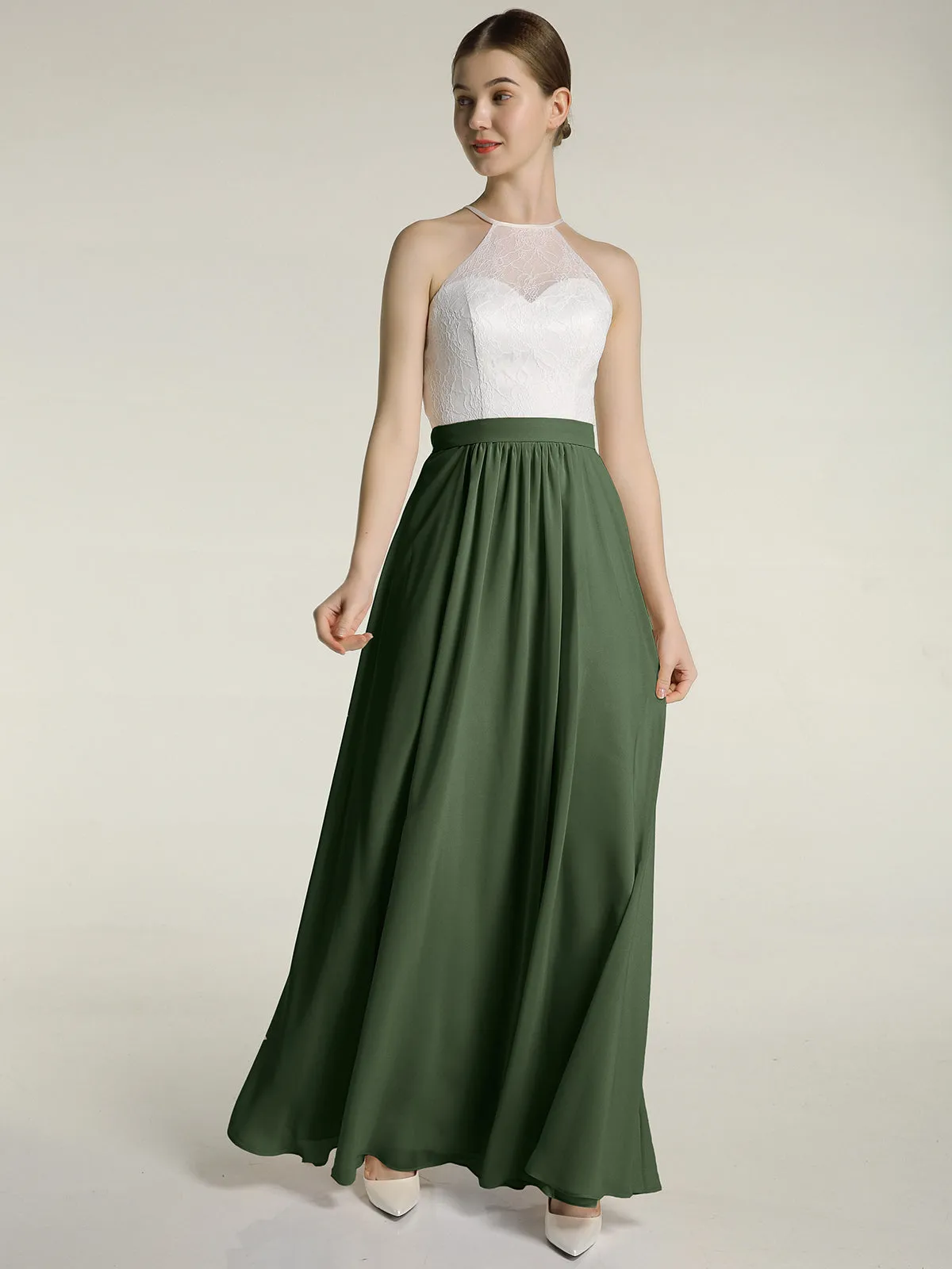 Chiffon Long Dresses with Ivory Lace Bodice-Olive Green Plus Size
