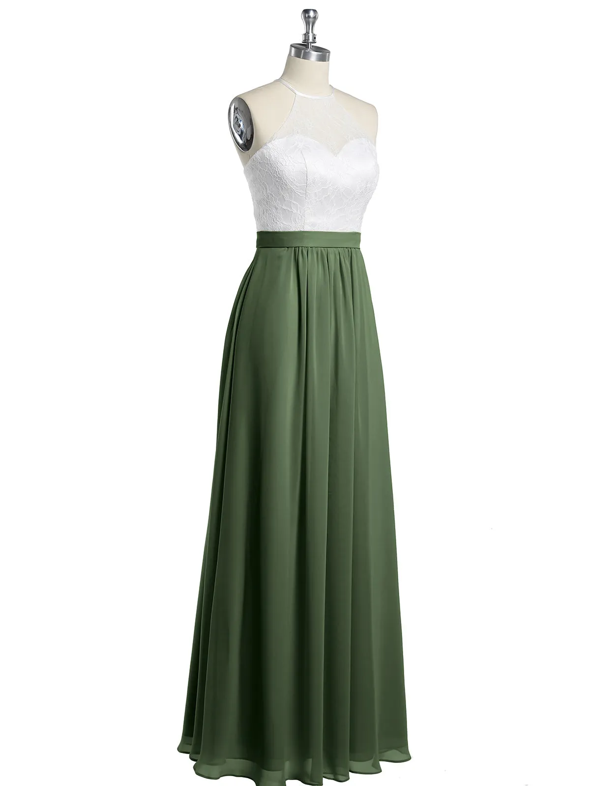 Chiffon Long Dresses with Ivory Lace Bodice-Olive Green Plus Size