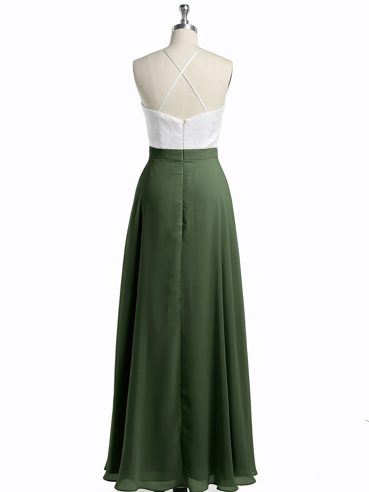 Chiffon Long Dresses with Ivory Lace Bodice-Olive Green Plus Size