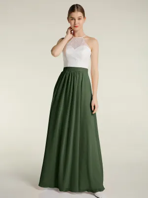Chiffon Long Dresses with Ivory Lace Bodice-Olive Green Plus Size