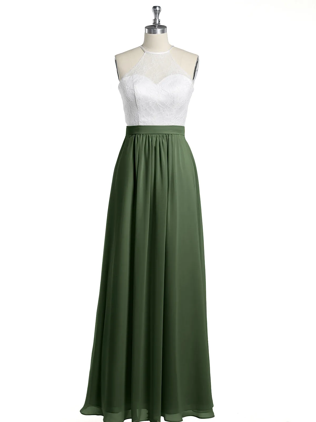 Chiffon Long Dresses with Ivory Lace Bodice-Olive Green Plus Size