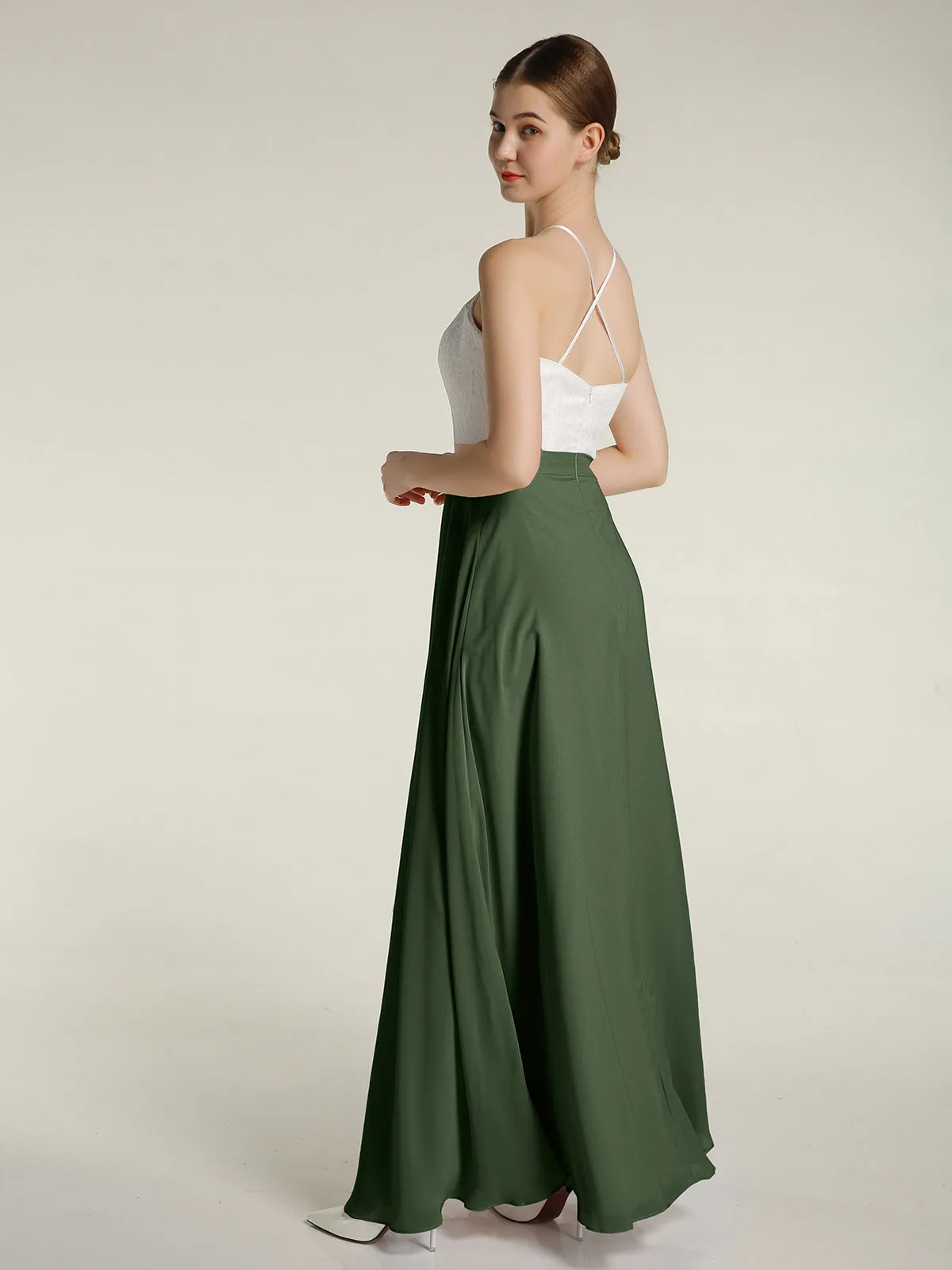 Chiffon Long Dresses with Ivory Lace Bodice-Olive Green Plus Size