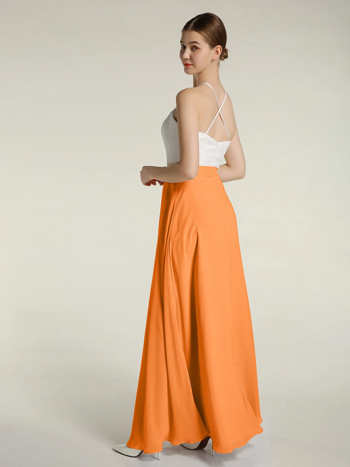 Chiffon Long Dresses with Ivory Lace Bodice-Orange Plus Size