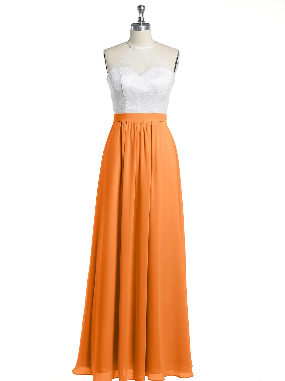 Chiffon Long Dresses with Ivory Lace Bodice-Orange Plus Size