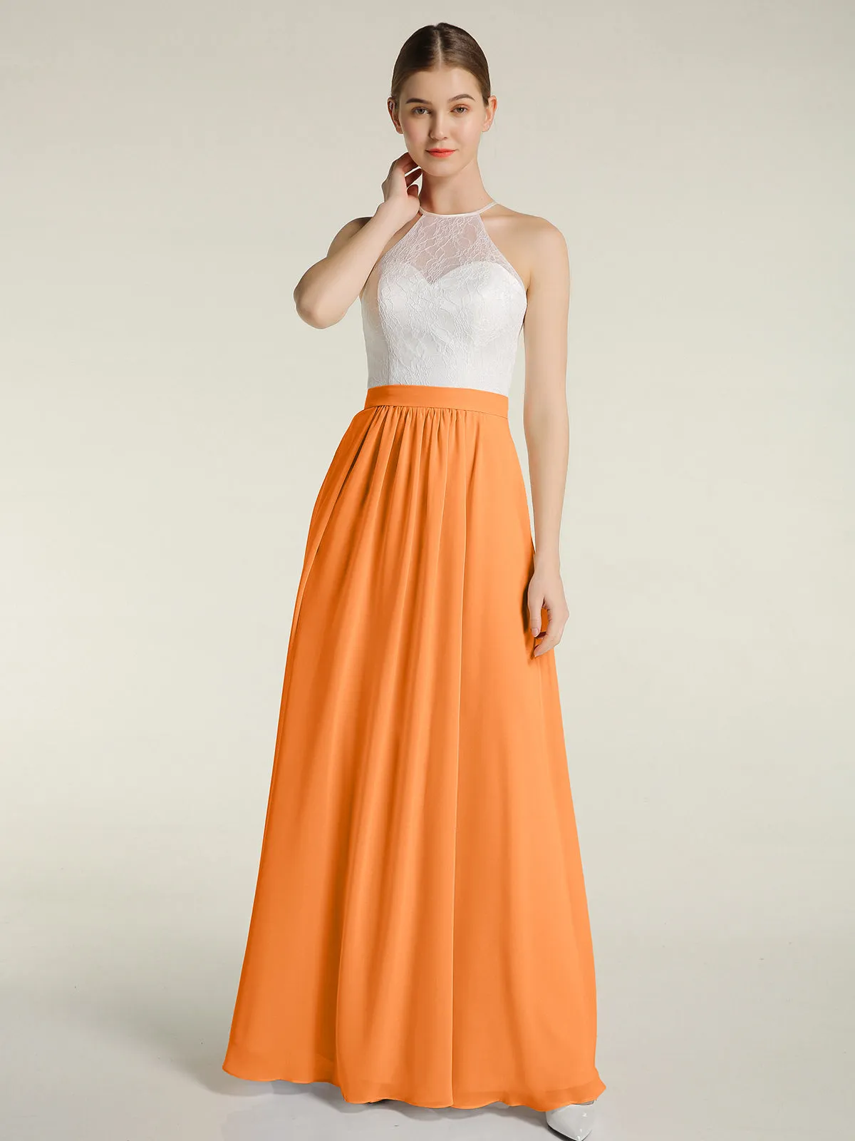 Chiffon Long Dresses with Ivory Lace Bodice-Orange Plus Size