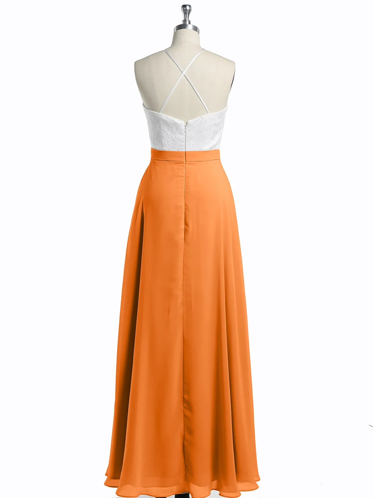 Chiffon Long Dresses with Ivory Lace Bodice-Orange Plus Size