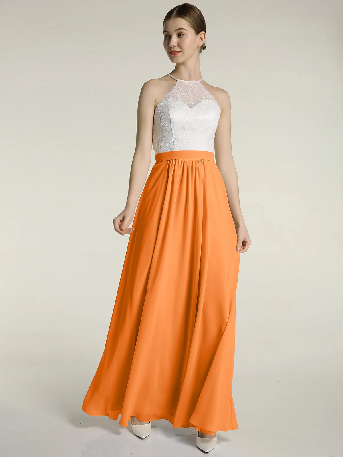 Chiffon Long Dresses with Ivory Lace Bodice-Orange Plus Size