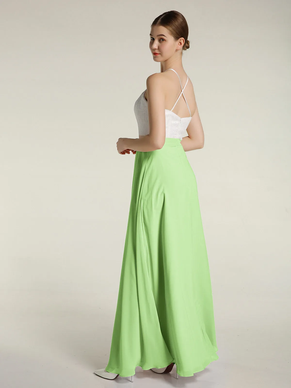 Chiffon Long Dresses with Ivory Lace Bodice-Sage