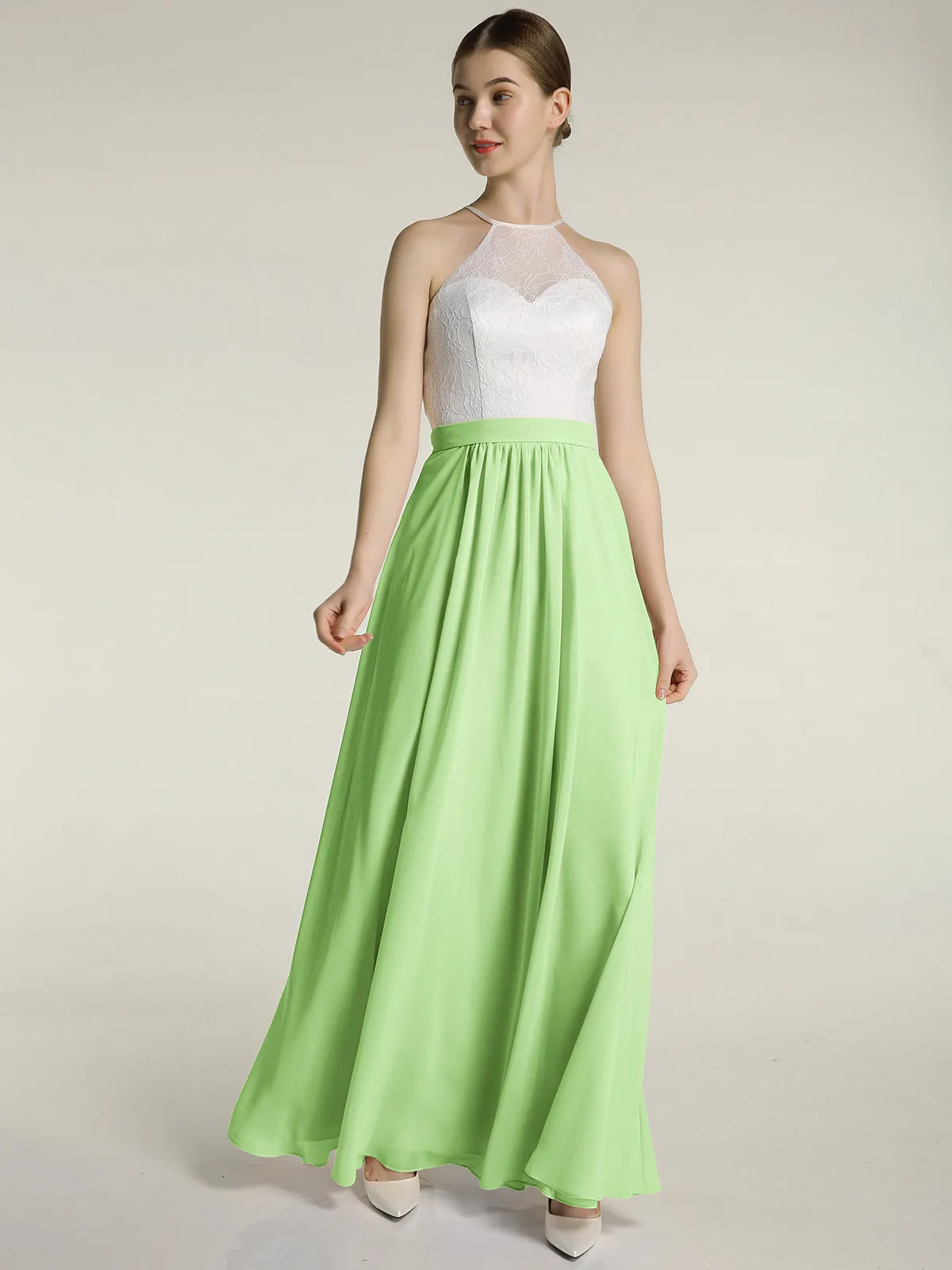 Chiffon Long Dresses with Ivory Lace Bodice-Sage