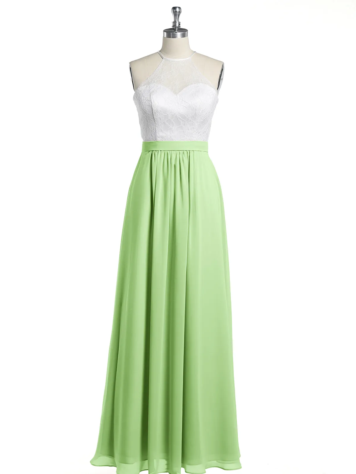 Chiffon Long Dresses with Ivory Lace Bodice-Sage