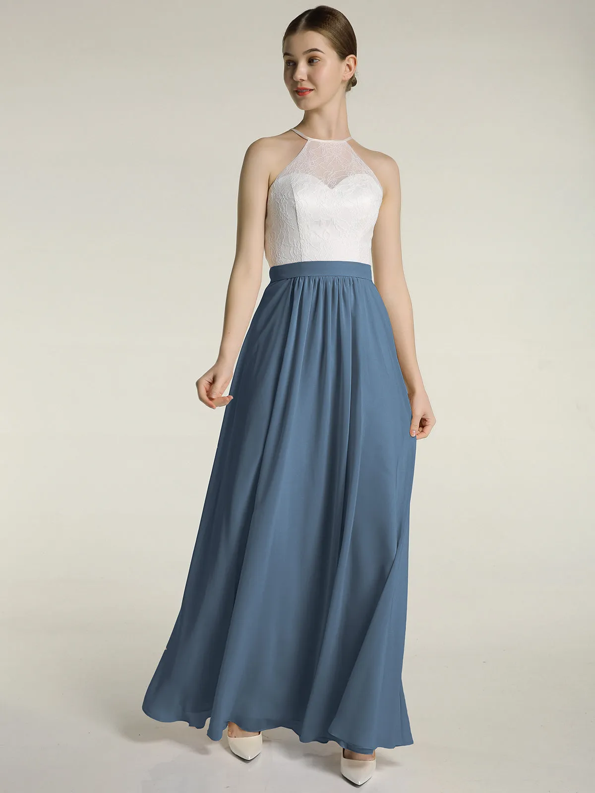 Chiffon Long Dresses with Ivory Lace Bodice-Slate Blue Plus Size