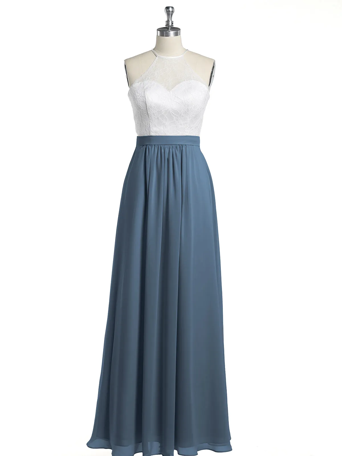 Chiffon Long Dresses with Ivory Lace Bodice-Slate Blue Plus Size