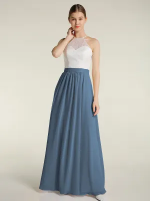 Chiffon Long Dresses with Ivory Lace Bodice-Slate Blue Plus Size