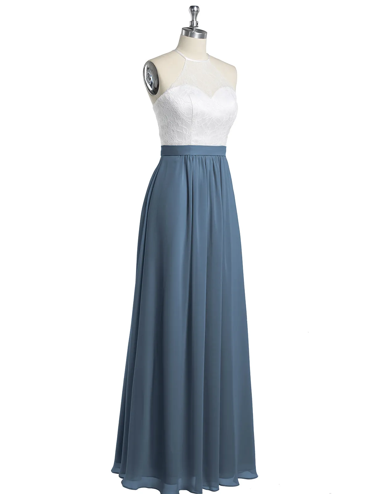 Chiffon Long Dresses with Ivory Lace Bodice-Slate Blue Plus Size