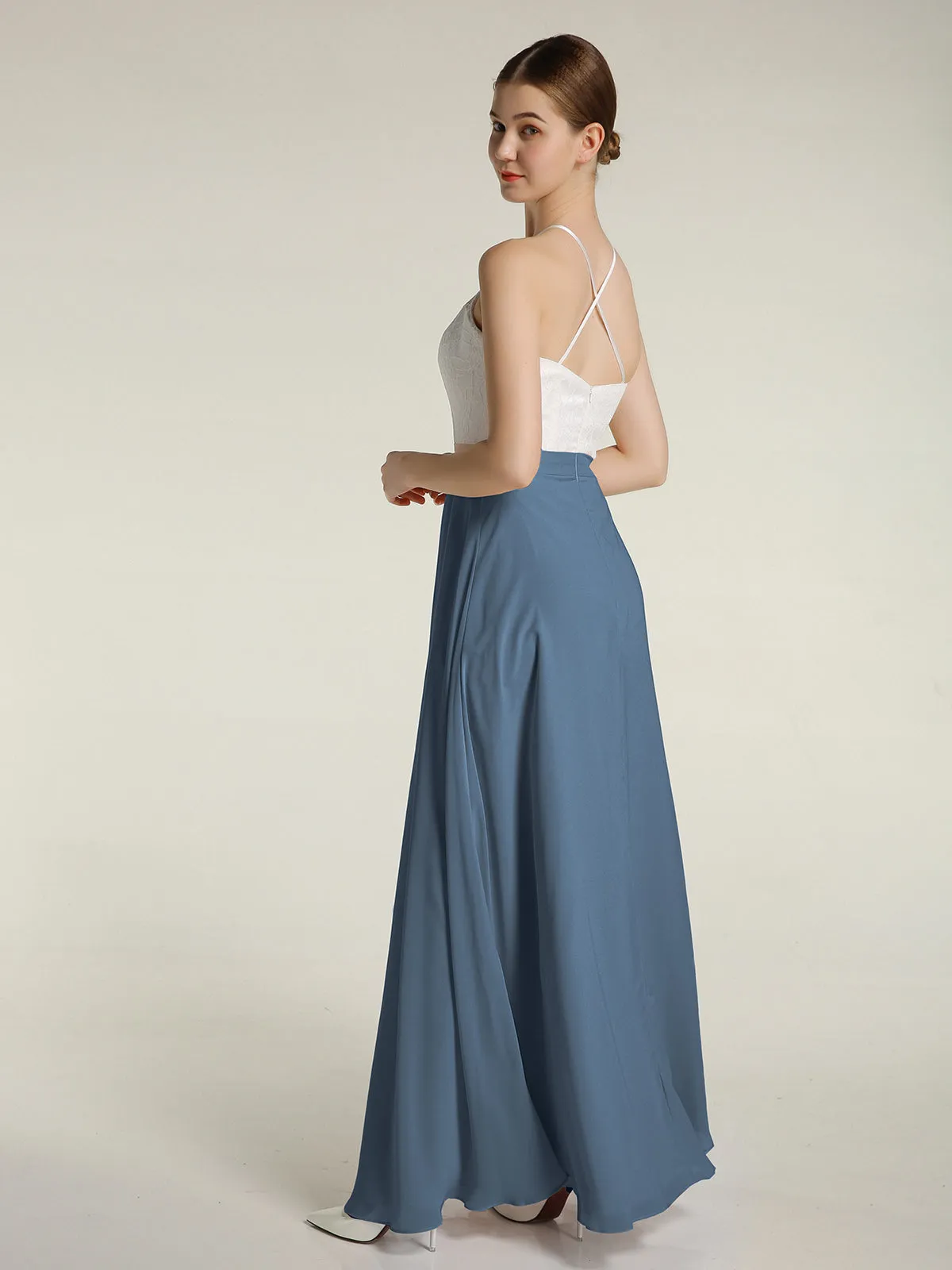 Chiffon Long Dresses with Ivory Lace Bodice-Slate Blue Plus Size