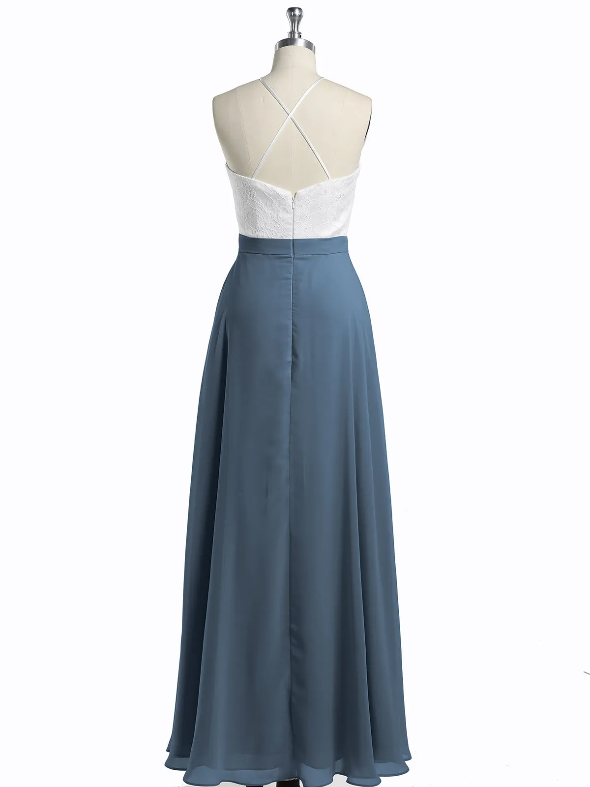 Chiffon Long Dresses with Ivory Lace Bodice-Slate Blue Plus Size