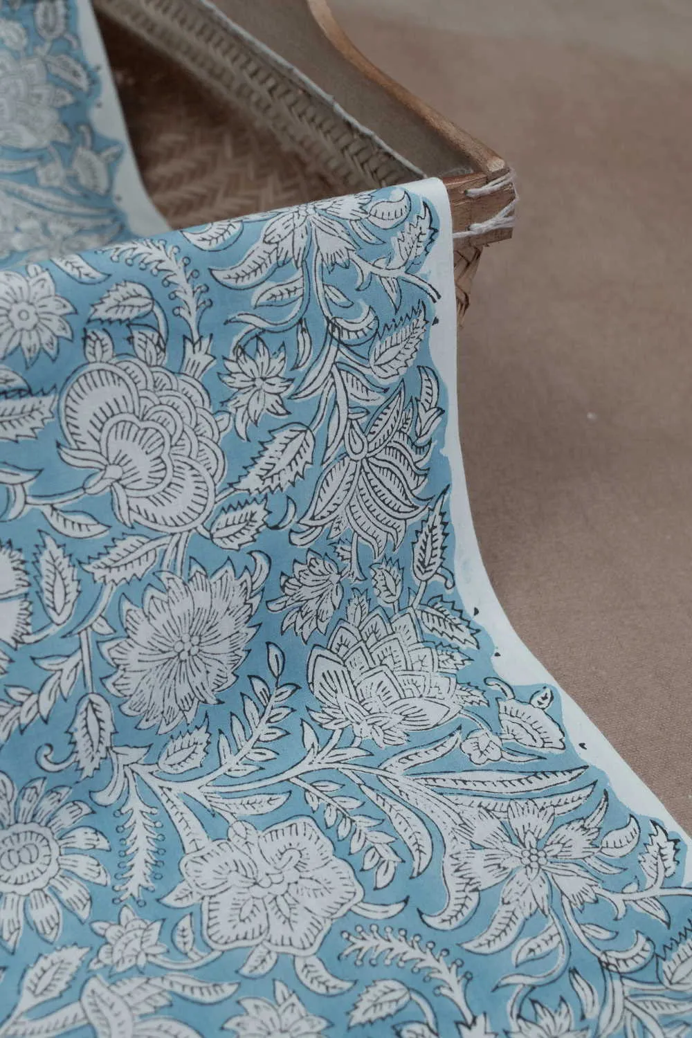 Cream Floral on Blue Sanganeri Cotton Fabric
