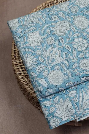 Cream Floral on Blue Sanganeri Cotton Fabric